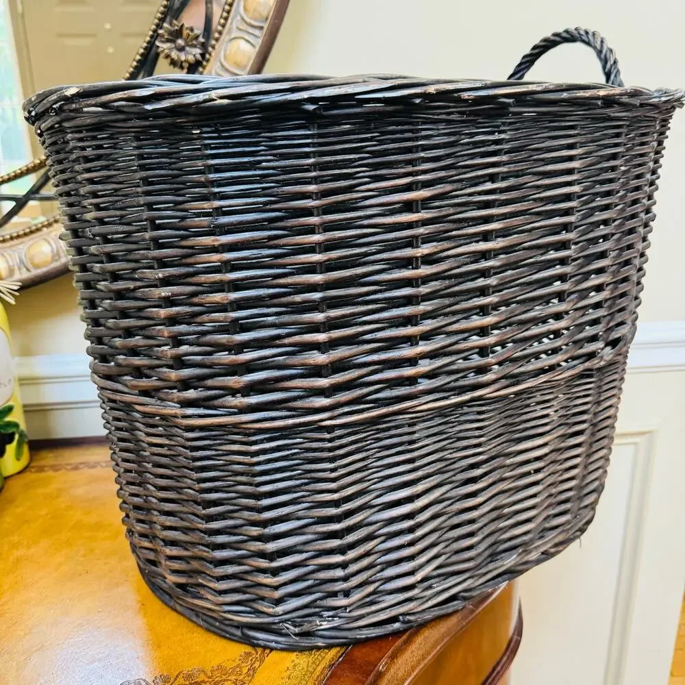 Boho Extra Large Deep Oval Dark Brown Rattan Storage Basket w Braid Loop Handle